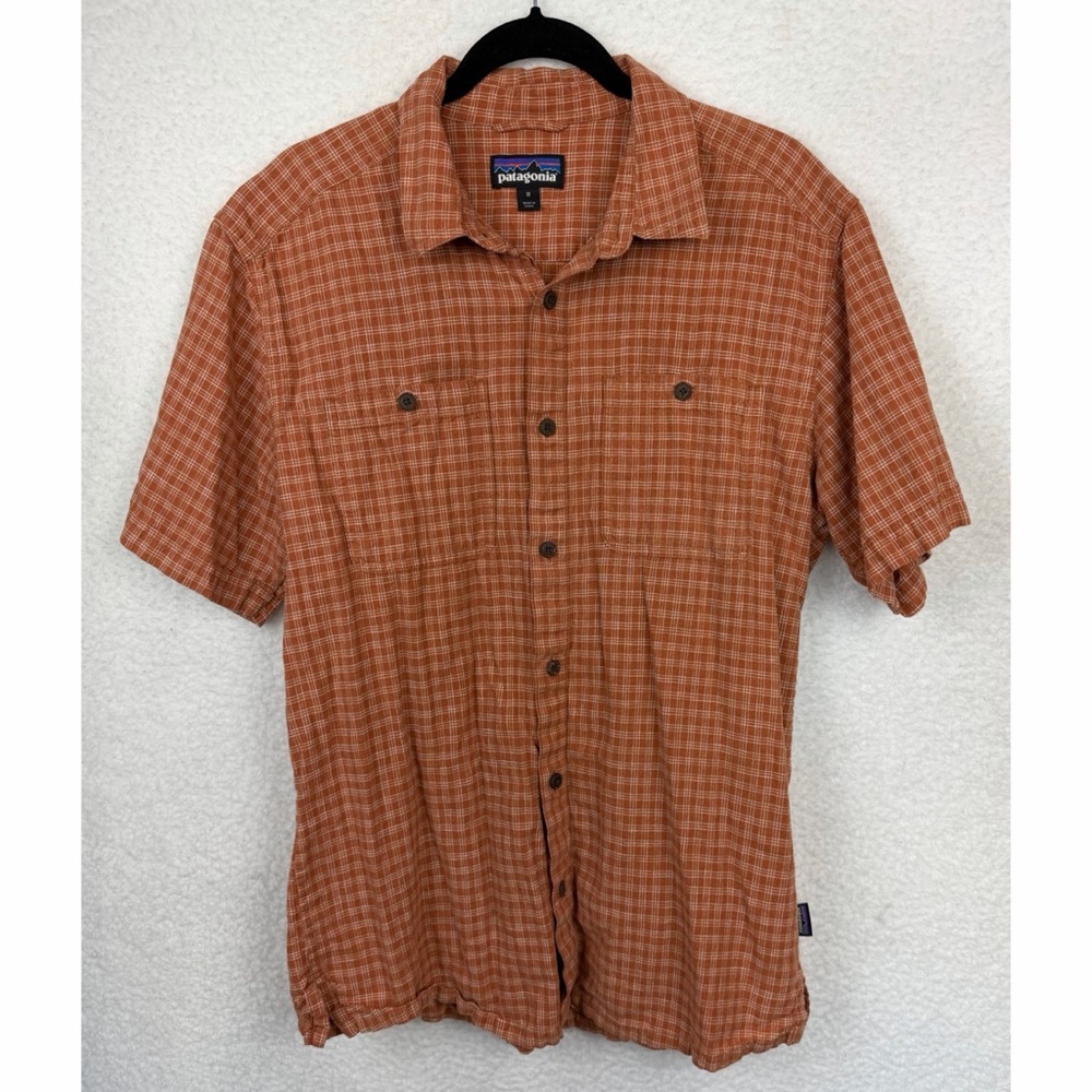 PATAGONIA • Rust Orange Plaid Hemp/Cotton Button-Down Short Sleeve Shirt, M - Picture 3 of 7
